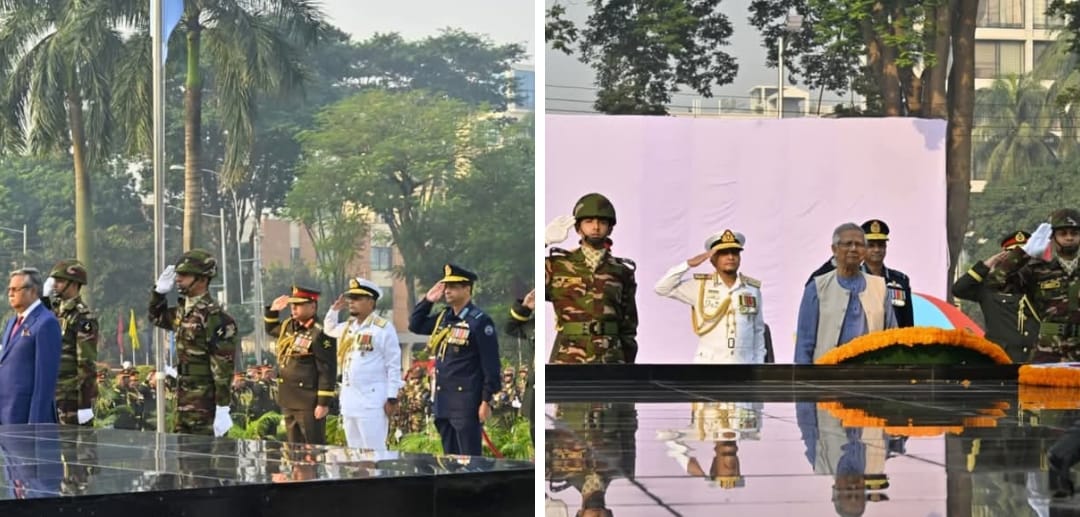 সশস্ত্র বাহিনী দিবস-২০২৫ এ শিখা অনির্বাণে পুষ্পস্তবক অর্পন করলেন মহামান্য রাষ্ট্রপতি, মাননীয় প্রধান উপদেষ্টা এবং সম্মানিত বাহিনী প্রধানগণ